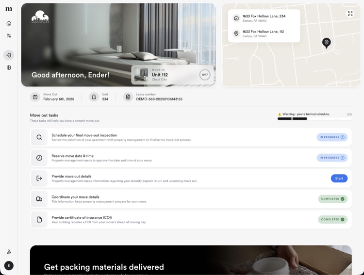 The Moved resident dashboard: a move-out task list beside the unit details and a map