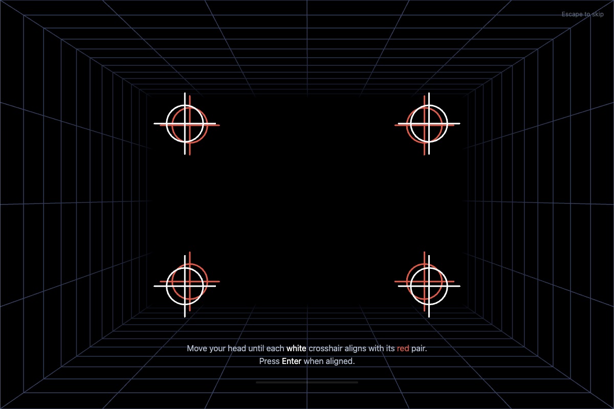 Ethereal calibration: four white crosshairs just off their red pairs inside the grid room, with the instruction to move your head until they line up
