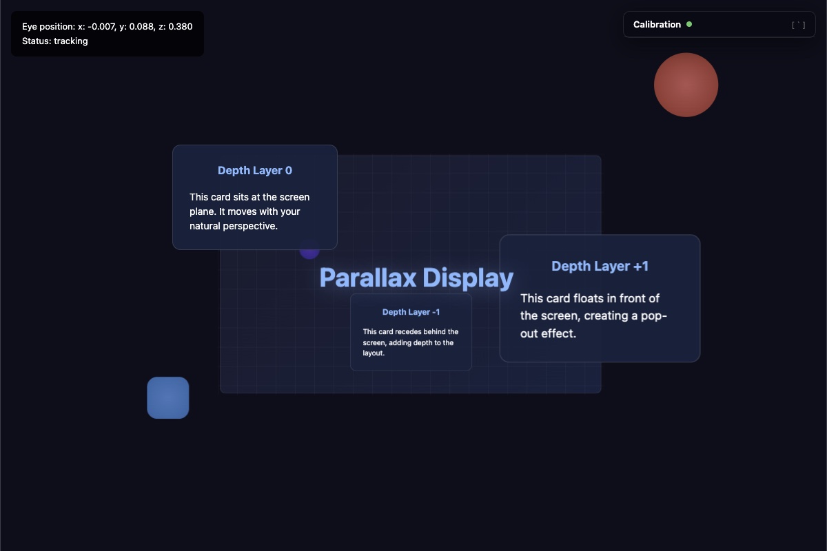 Ethereal CSS 3D demo: plain HTML cards at three depths, one at the screen, one floating in front of it, and one receding behind it, with shapes scattered between them