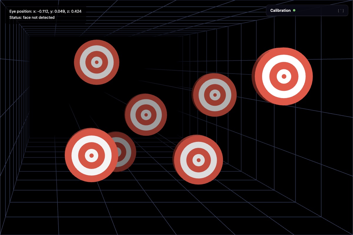 Ethereal Three.js demo: bullseye targets floating at different depths inside a grid room, seen from left of center so the room skews