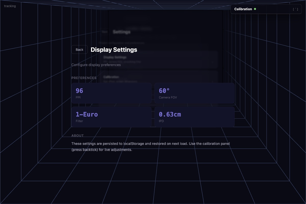 Ethereal spatial navigation demo: a Display Settings page in front, with the Settings page it came from faded and blurred behind it inside the grid room