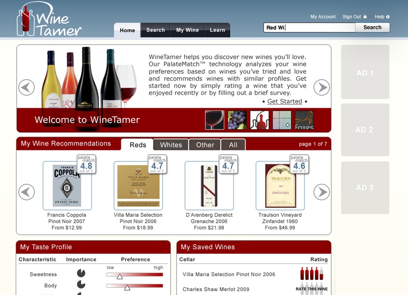 WineTamer homepage for a returning member, with wine recommendations