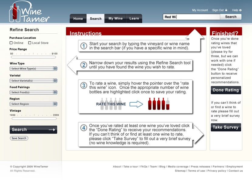 WineTamer search page with rating instructions