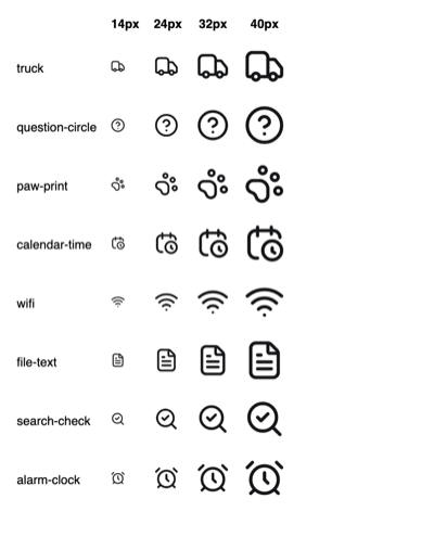 A grid of line icons (truck, question circle, paw print, calendar, wifi, file, search check, alarm clock) rendered at 14, 24, 32, and 40 pixels