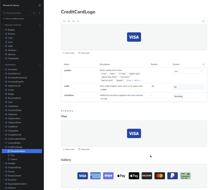 Storybook showing the CreditCardLogo component documentation page with a live preview, a props table with interactive controls, and a gallery of payment logos